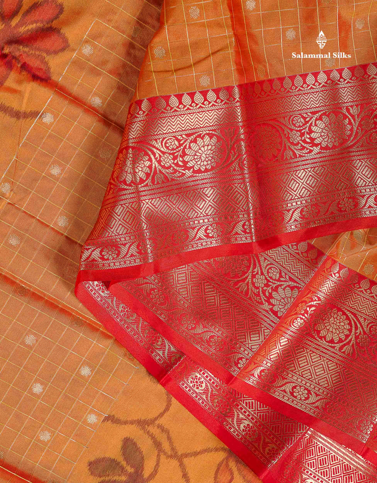Semi Silk Saree - Orange Colour Body Pochampally Design With Contrast Red Border