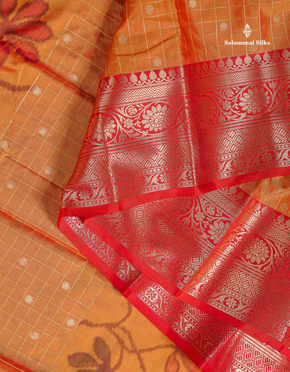 Semi Silk Saree - Orange Colour Body Pochampally Design With Contrast Red Border