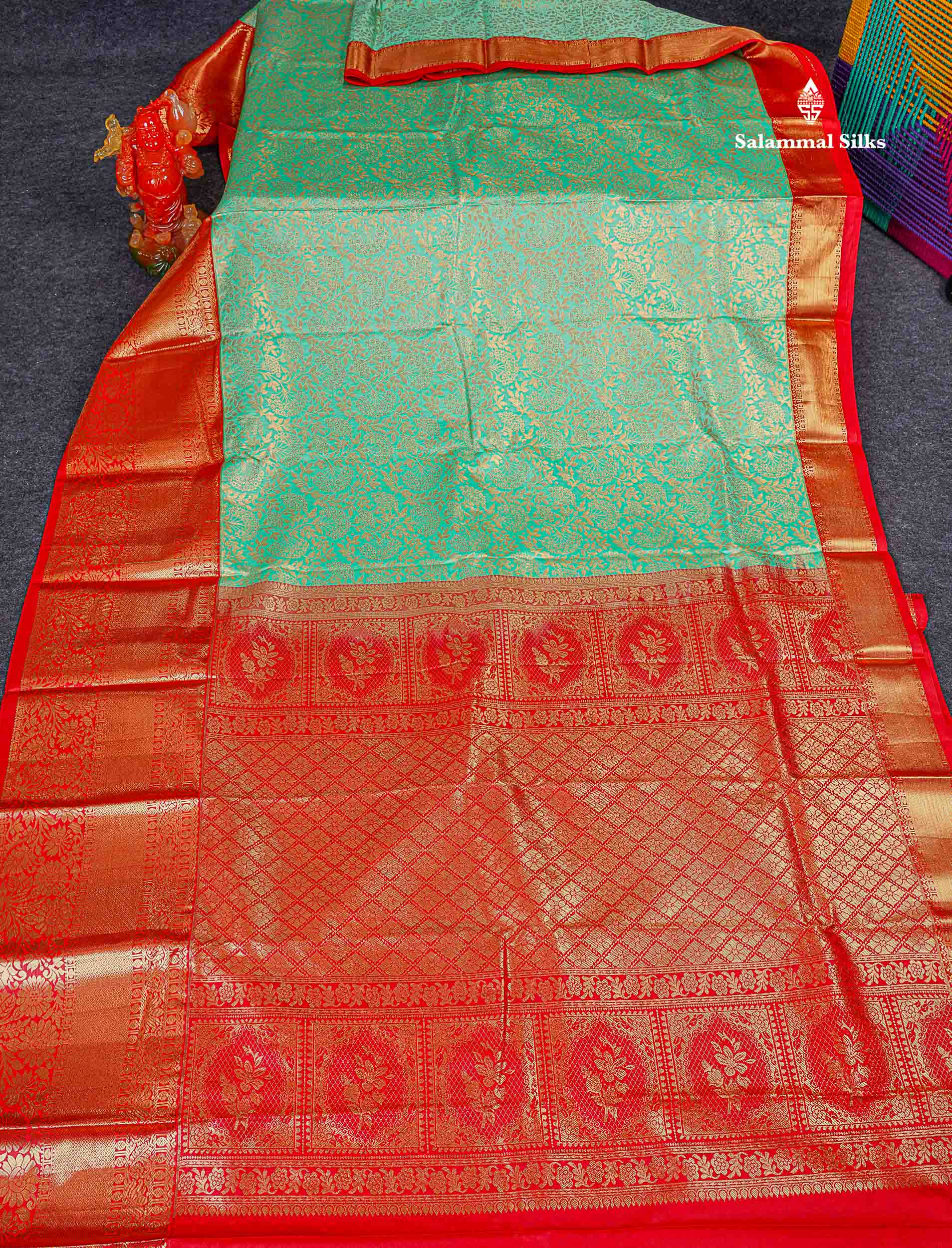 Bridal Semi Silk Saree - Rexona Green Colour Body With Contrast Chilly Red Traditional Evening Morning Border 