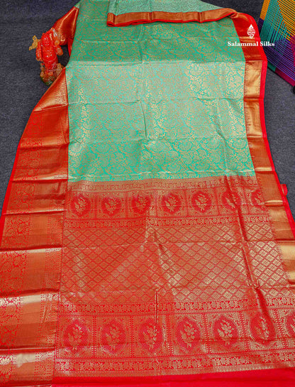 Bridal Semi Silk Saree - Rexona Green Colour Body With Contrast Chilly Red Traditional Evening Morning Border 