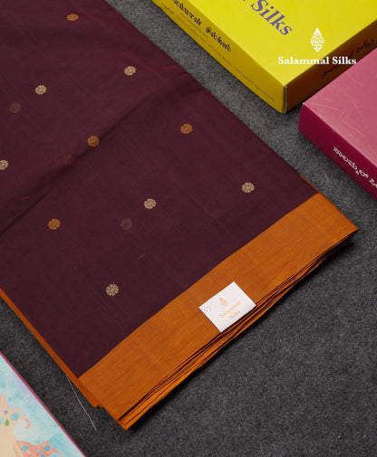 Beautiful Dark Brown Thread Work Butta Handloom Pure Cotton Saree With Contrast Mustard Yellow Blouse