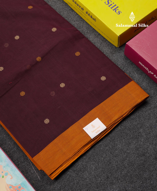 Beautiful Dark Brown Thread Work Butta Handloom Pure Cotton Saree With Contrast Mustard Yellow Blouse