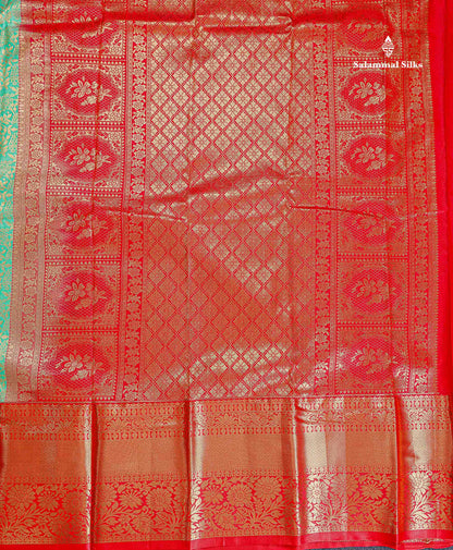 Bridal Semi Silk Saree - Rexona Green Colour Body With Contrast Chilly Red Traditional Evening Morning Border