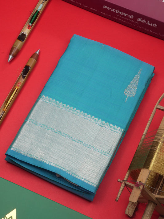 Kanjivaram Beautiful Light Anandha Blue Pure Silk Saree With Silver Zari Border