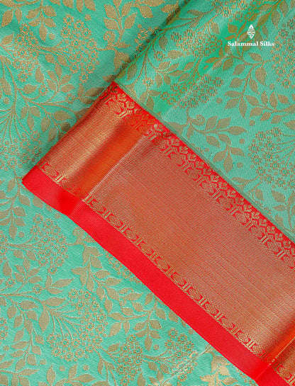 Bridal Semi Silk Saree - Rexona Green Colour Body With Contrast Chilly Red Traditional Evening Morning Border