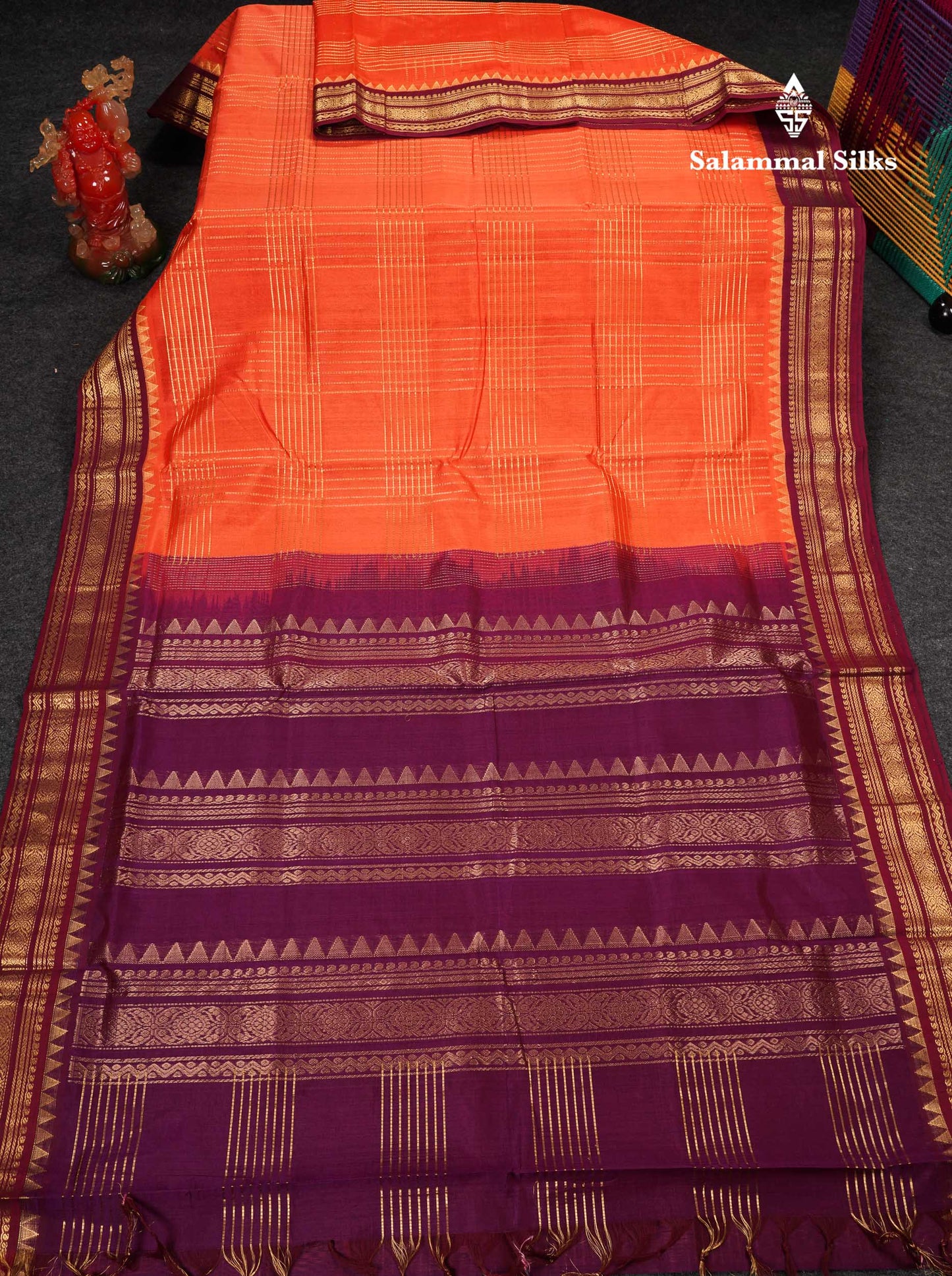 Beautiful Dual Tone Peach Orange Pure Silk Cotton Saree With Contrast Magenta Traditional Border