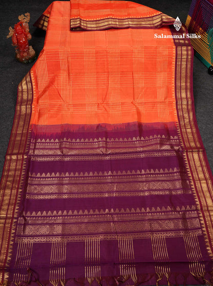 Beautiful Dual Tone Peach Orange Pure Silk Cotton Saree With Contrast Magenta Traditional Border