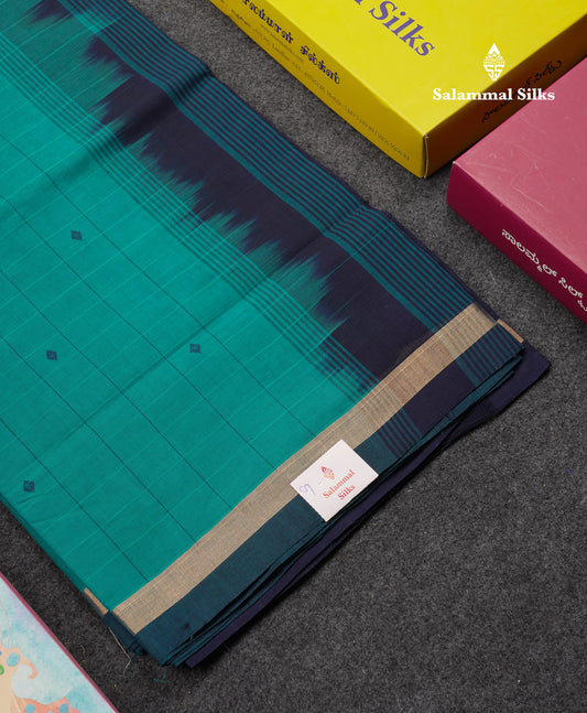 Beautiful Peacock Green Checks With Thread Work Butta Handloom Pure Cotton Saree With Contrast Navy Blue Blouse