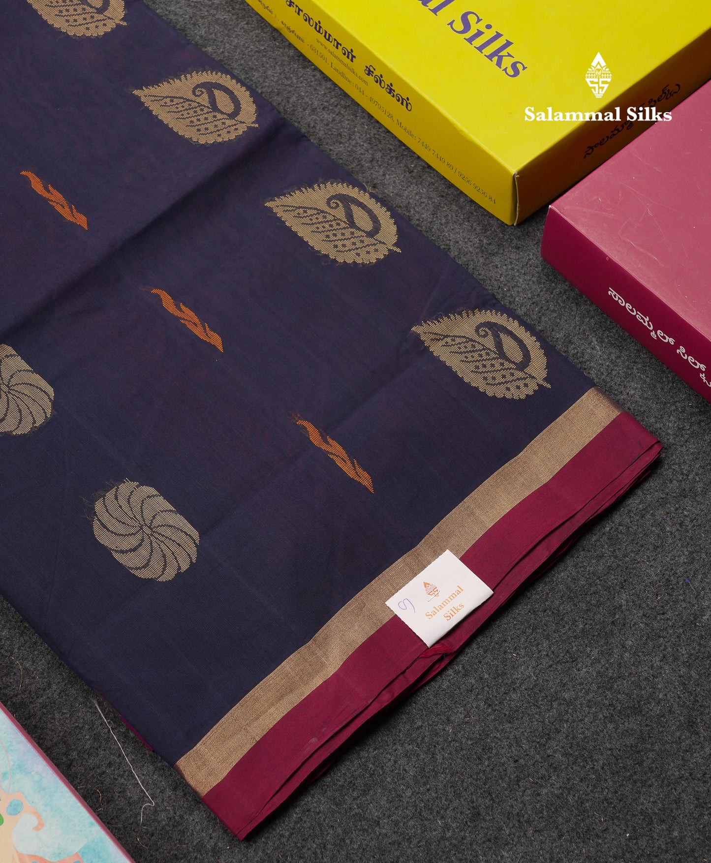 Beautiful Navy Blue Thread Work Butta Handloom Pure Cotton Saree With Contrast Maroon Blouse