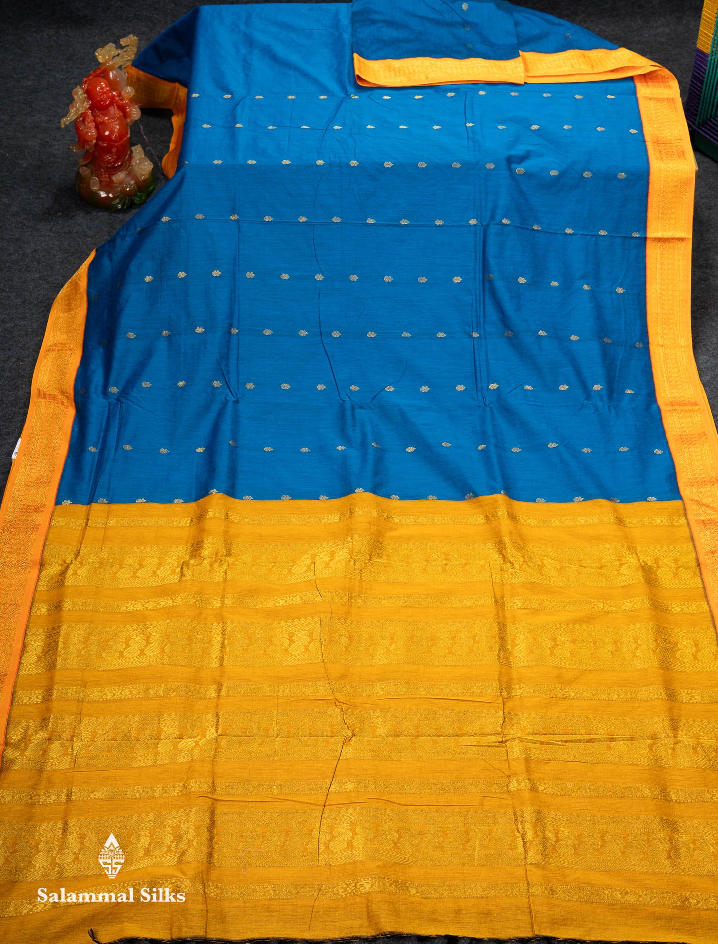 Beautiful Blue Zari Butta Kalyani Cotton Saree With Contrast Mango Yellow Traditional Border