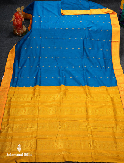 Beautiful Blue Zari Butta Kalyani Cotton Saree With Contrast Mango Yellow Traditional Border