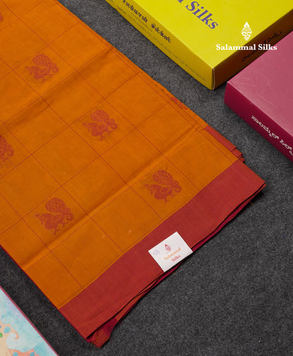 Beautiful Yellow Checks With Thread Work Butta Handloom Pure Cotton Saree With Contrast Redish Maroon Blouse