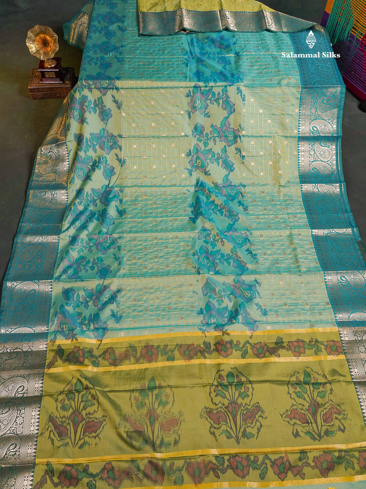 Semi Silk Saree - Sapphire Blue Colour Body Pochampally Design With Contrast Olive Green Blouse