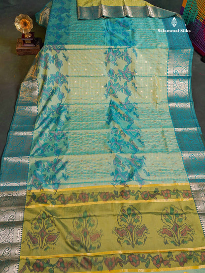 Semi Silk Saree - Sapphire Blue Colour Body Pochampally Design With Contrast Olive Green Blouse
