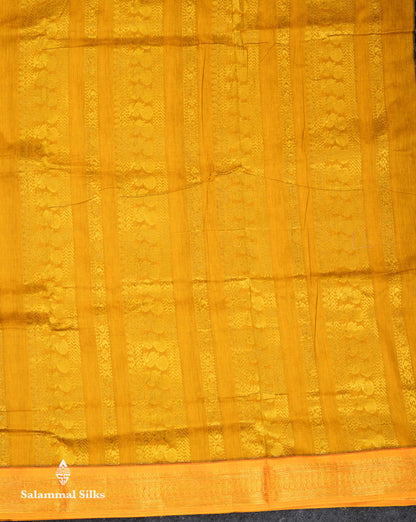 Beautiful Blue Zari Butta Kalyani Cotton Saree With Contrast Mango Yellow Traditional Border