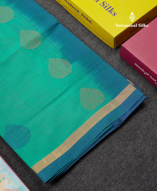 Beautiful Sapphire Green Thread Work Butta Handloom Pure Cotton Saree With Contrast Blue Blouse