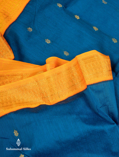 Beautiful Blue Zari Butta Kalyani Cotton Saree With Contrast Mango Yellow Traditional Border