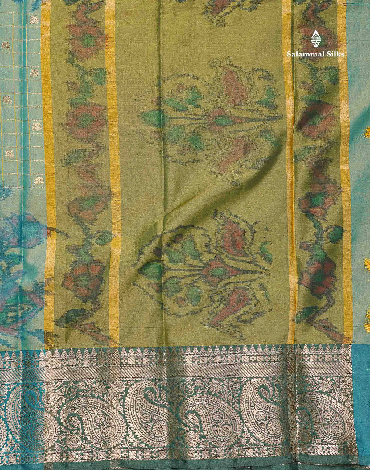 Semi Silk Saree - Sapphire Blue Colour Body Pochampally Design With Contrast Olive Green Blouse
