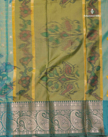 Semi Silk Saree - Sapphire Blue Colour Body Pochampally Design With Contrast Olive Green Blouse