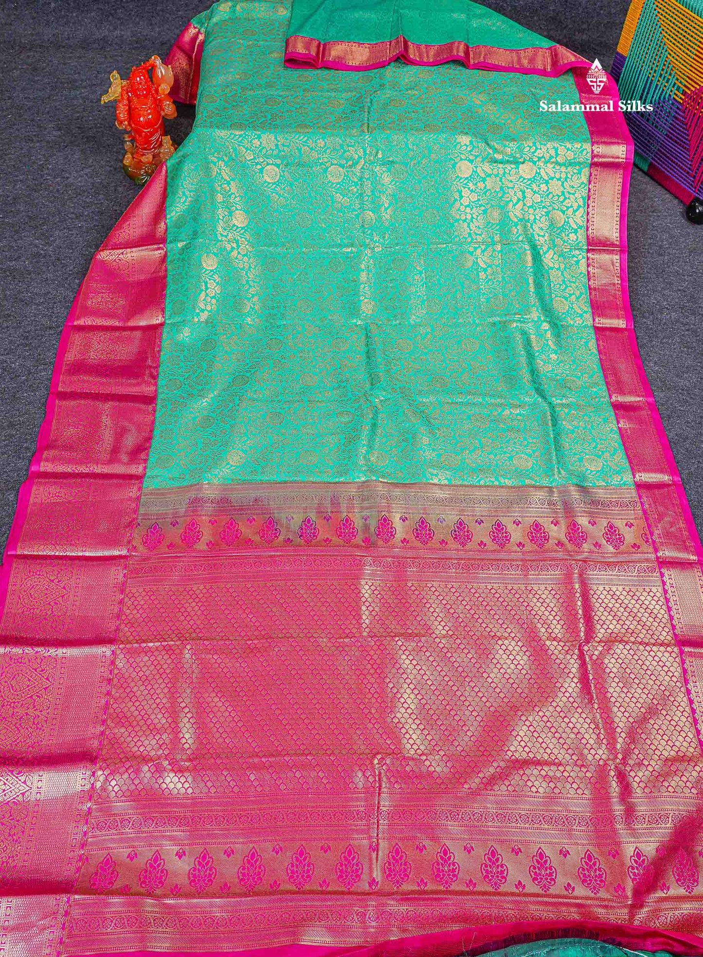 Bridal Semi Silk Saree - Sapphire Green Colour Body With Contrast Pink Traditional Evening Morning Border