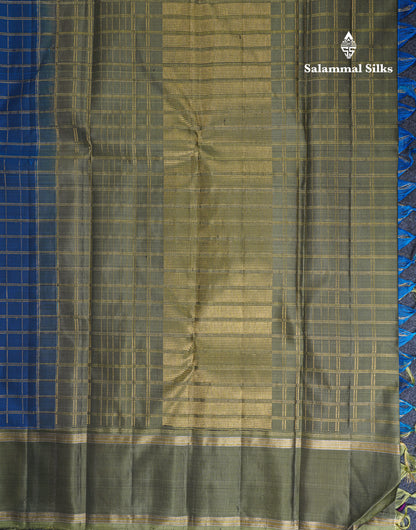 Ramar Blue Zari Checks Pure Kanjivaram Silk Saree With Contrast Army Green Traditional Rettapet Border