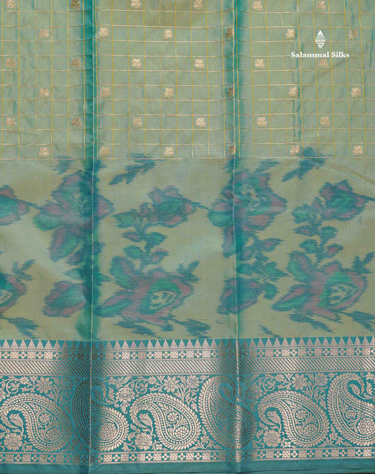 Semi Silk Saree - Sapphire Blue Colour Body Pochampally Design With Contrast Olive Green Blouse