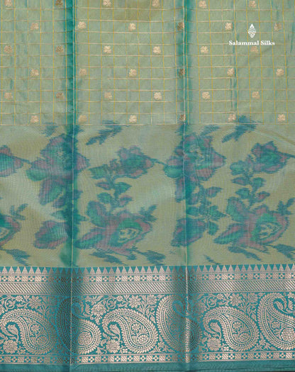 Semi Silk Saree - Sapphire Blue Colour Body Pochampally Design With Contrast Olive Green Blouse