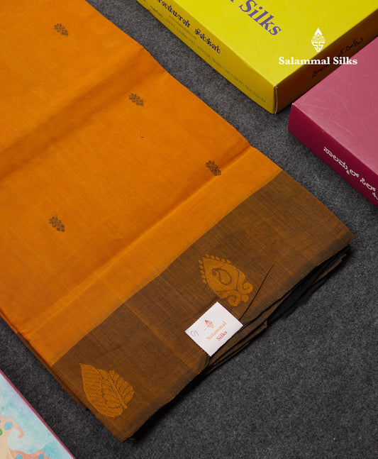 Beautiful Yellow Thread Work Butta Handloom Pure Cotton Saree With Contrast Black Blouse