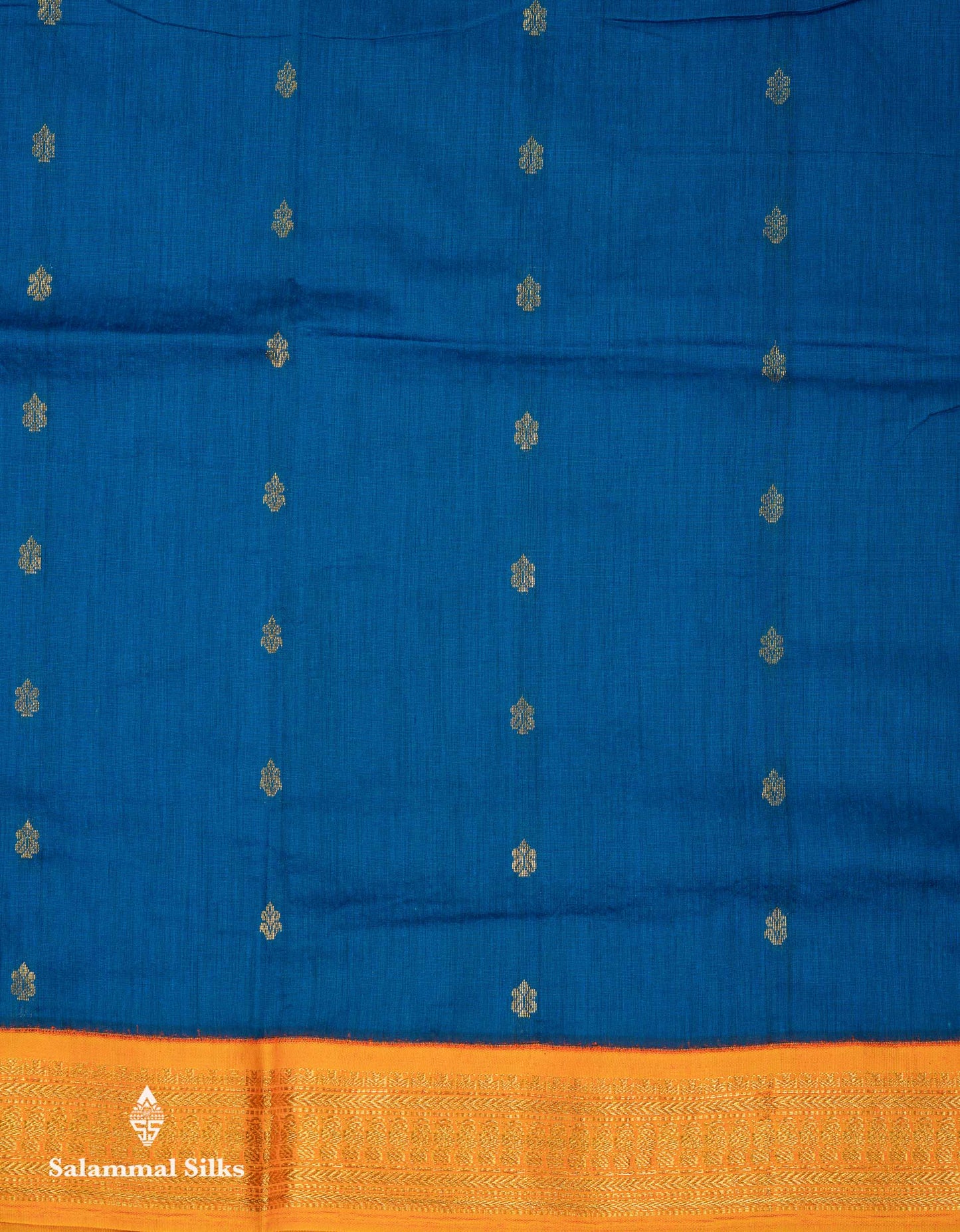 Beautiful Blue Zari Butta Kalyani Cotton Saree With Contrast Mango Yellow Traditional Border