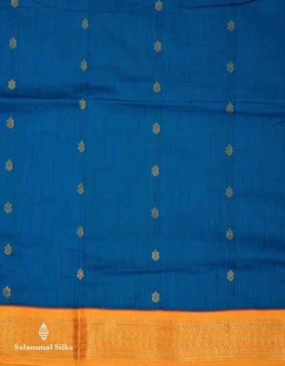 Beautiful Blue Zari Butta Kalyani Cotton Saree With Contrast Mango Yellow Traditional Border