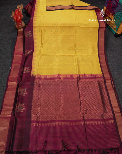 Beautiful Yellow Zari Checks Thread Butta Pure Silk Cotton Saree With Contrast Magenta Traditional Evening Morning Border