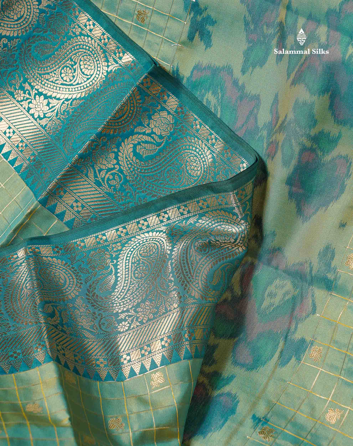 Semi Silk Saree - Sapphire Blue Colour Body Pochampally Design With Contrast Olive Green Blouse