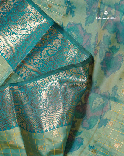Semi Silk Saree - Sapphire Blue Colour Body Pochampally Design With Contrast Olive Green Blouse