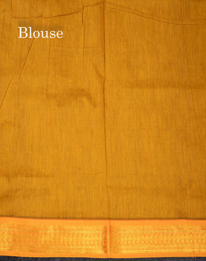 Beautiful Blue Zari Butta Kalyani Cotton Saree With Contrast Mango Yellow Traditional Border