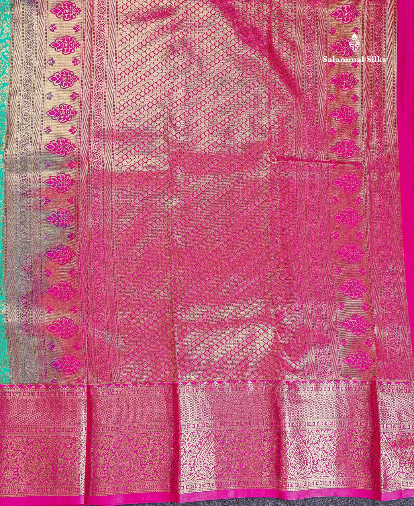 Bridal Semi Silk Saree - Sapphire Green Colour Body With Contrast Pink Traditional Evening Morning Border
