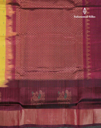 Beautiful Yellow Zari Checks Thread Butta Pure Silk Cotton Saree With Contrast Magenta Traditional Evening Morning Border