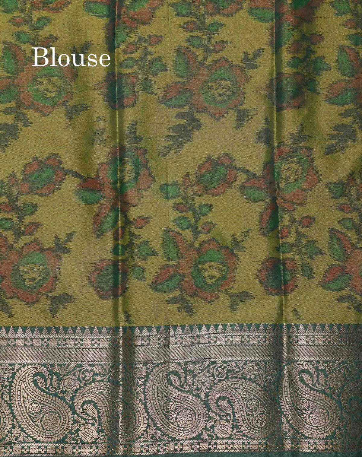 Semi Silk Saree - Sapphire Blue Colour Body Pochampally Design With Contrast Olive Green Blouse
