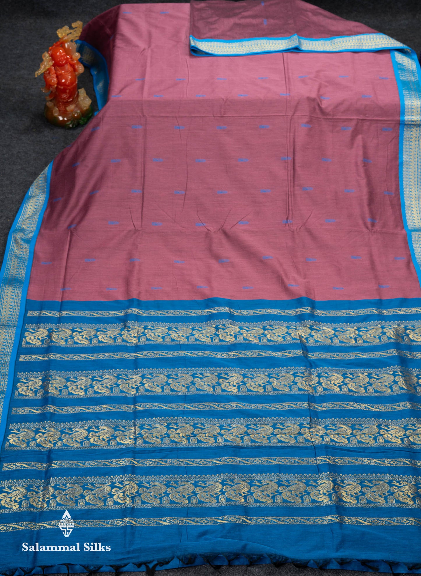 Beautiful Light Chocolate Thread Butta Kalyani Cotton Saree With Contrast Blue Traditional Border