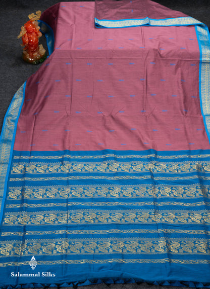 Beautiful Light Chocolate Thread Butta Kalyani Cotton Saree With Contrast Blue Traditional Border
