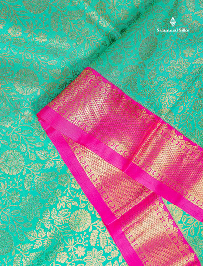 Bridal Semi Silk Saree - Sapphire Green Colour Body With Contrast Pink Traditional Evening Morning Border
