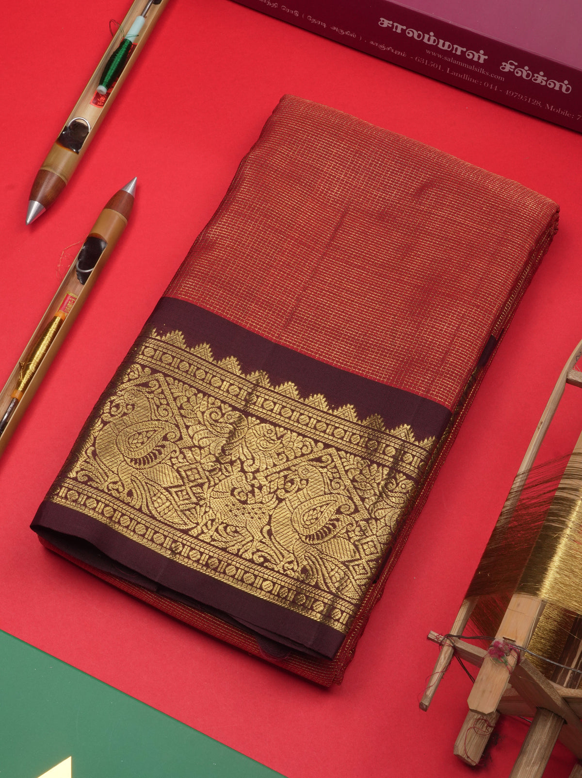 2G Pure Kanjivaram Silk Saree Rust orange Tiny Zari Checks body With Contrast Dark Brown Border