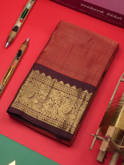 2G Pure Kanjivaram Silk Saree Rust orange Tiny Zari Checks body With Contrast Dark Brown Border