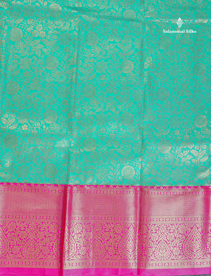 Bridal Semi Silk Saree - Sapphire Green Colour Body With Contrast Pink Traditional Evening Morning Border