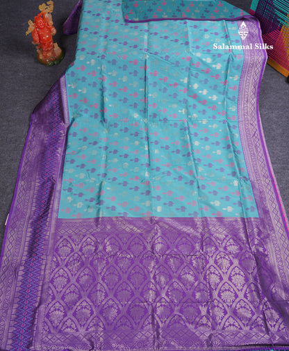 Beautiful Blue Ekkat Design Semi Silk Saree With Contrast Violet Fancy Border