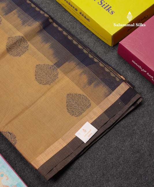 Beautiful Sandal Thread Work Butta Handloom Pure Cotton Saree With Contrast Navy Blue Blouse