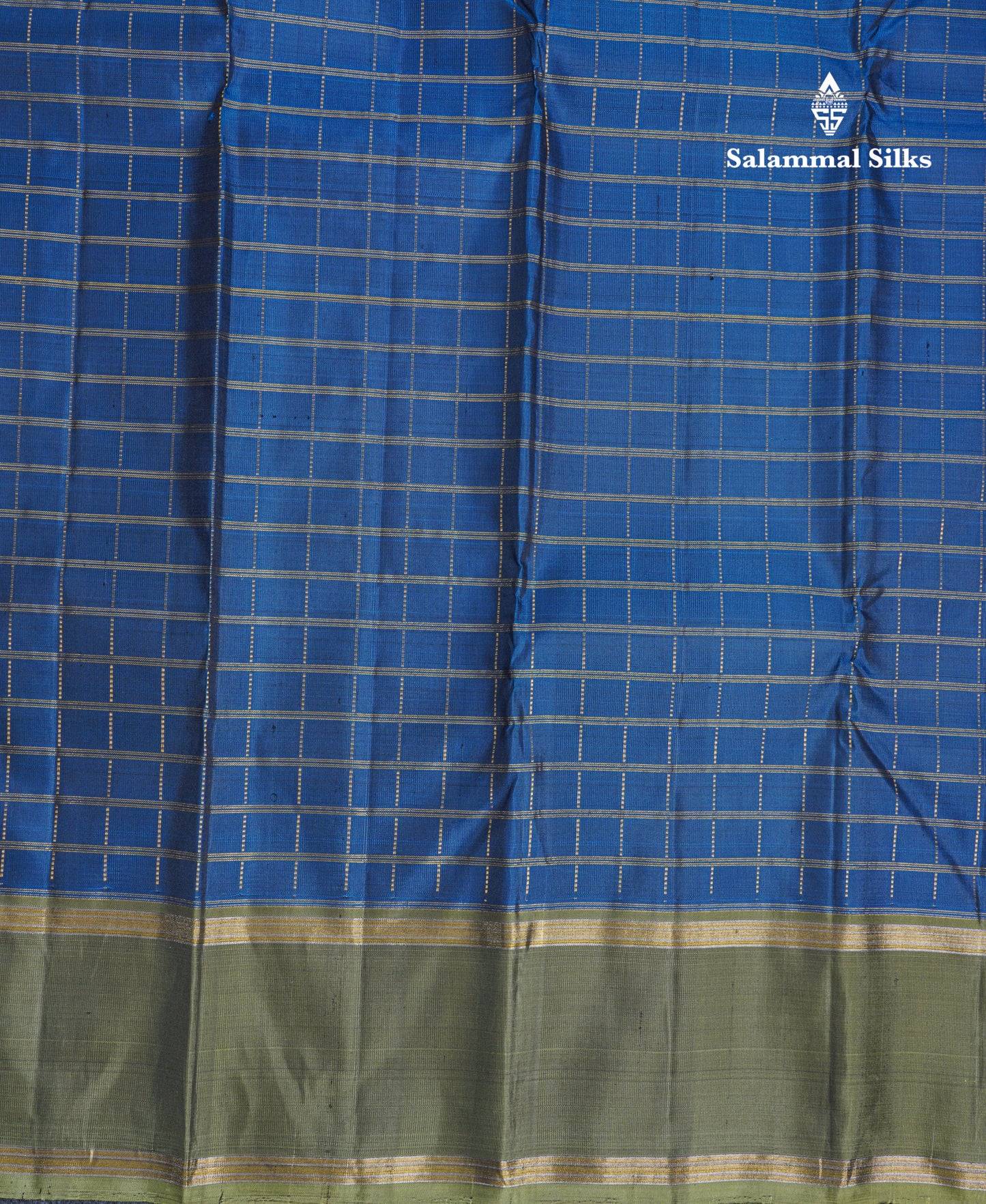 Ramar Blue Zari Checks Pure Kanjivaram Silk Saree With Contrast Army Green Traditional Rettapet Border
