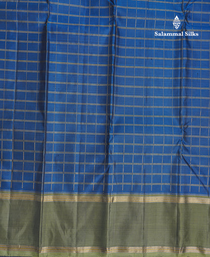 Ramar Blue Zari Checks Pure Kanjivaram Silk Saree With Contrast Army Green Traditional Rettapet Border