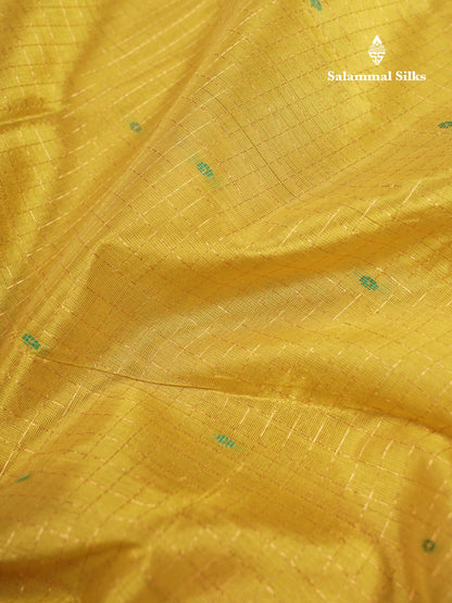 Beautiful Yellow Zari Checks Thread Butta Pure Silk Cotton Saree With Contrast Magenta Traditional Evening Morning Border