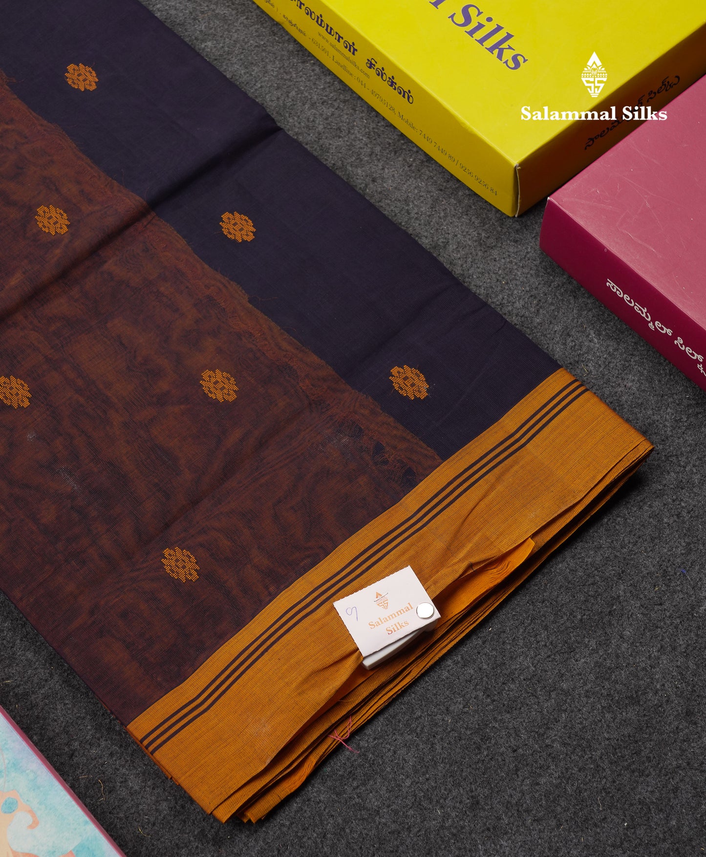 Beautiful Navy Blue Thread Work Butta Handloom Pure Cotton Saree With Contrast Mustard Yellow Blouse