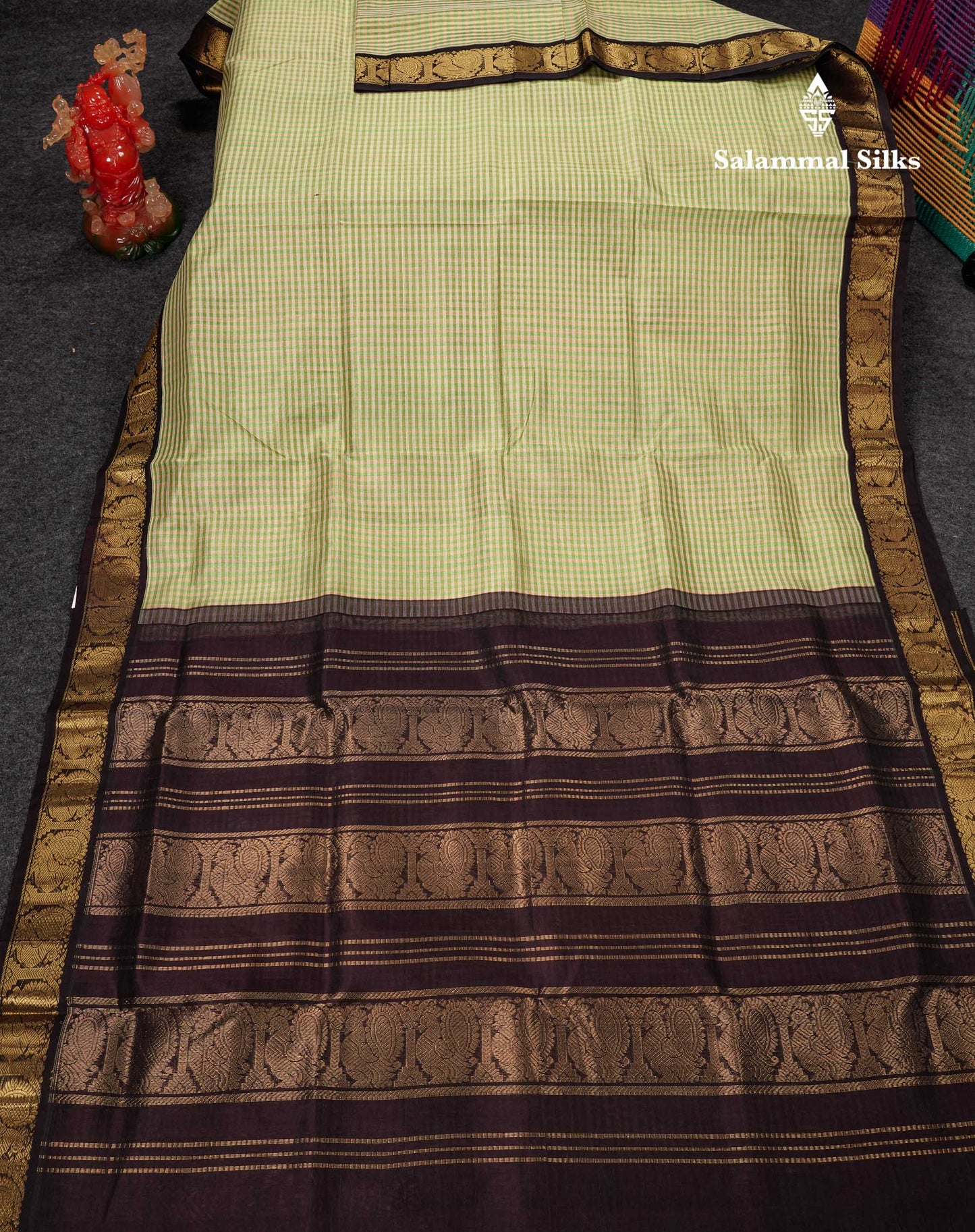 Beautiful Parrot Green & Cream Tiny Checks Pure Silk Cotton Saree With Contrast Dark Purple Traditional Border